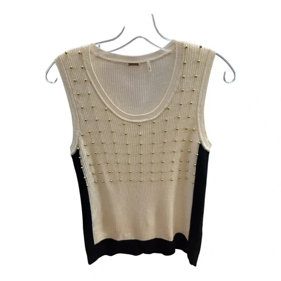 Elie Tahari Cream and Black Embellished Sleeveless Tank Top - Picture 2 of 4